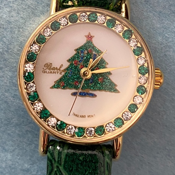 Vintage Pearl Quartz Leather & Crystal Christmas Tree Watch main image 4
